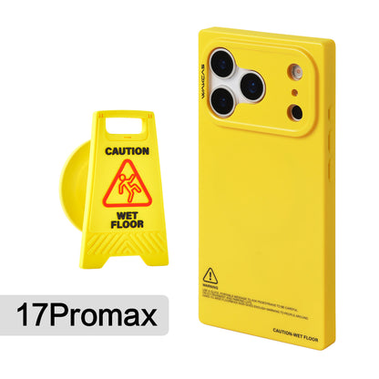 Yellow square case for iPhone 17 Pro Max with Caution Wet Floor magnetic stand