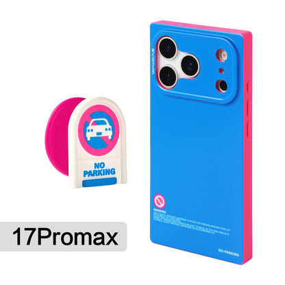 Blue and pink square case for iPhone 17 Pro Max with No Parking stand