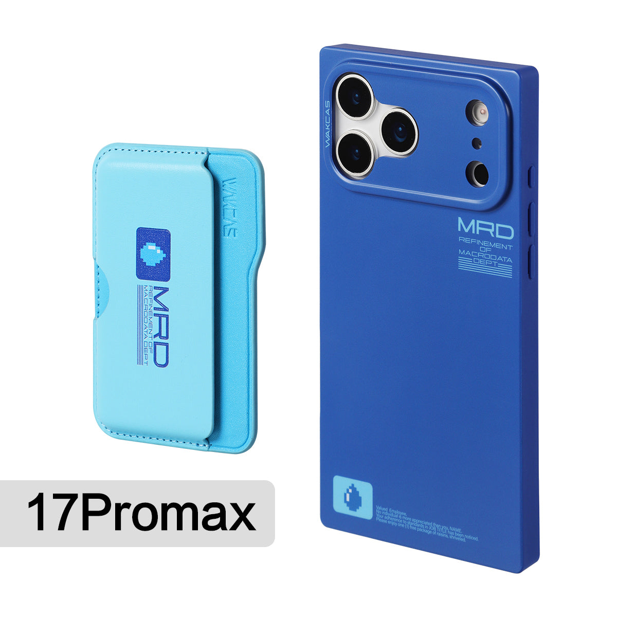 Matte blue square case for iPhone 17 Pro Max with the light blue magnetic card holder