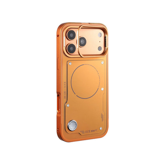 iPhone 17 Pro Max detachable metal frame case in orange, back view