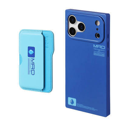 Light blue magnetic card holder next to the matte blue case