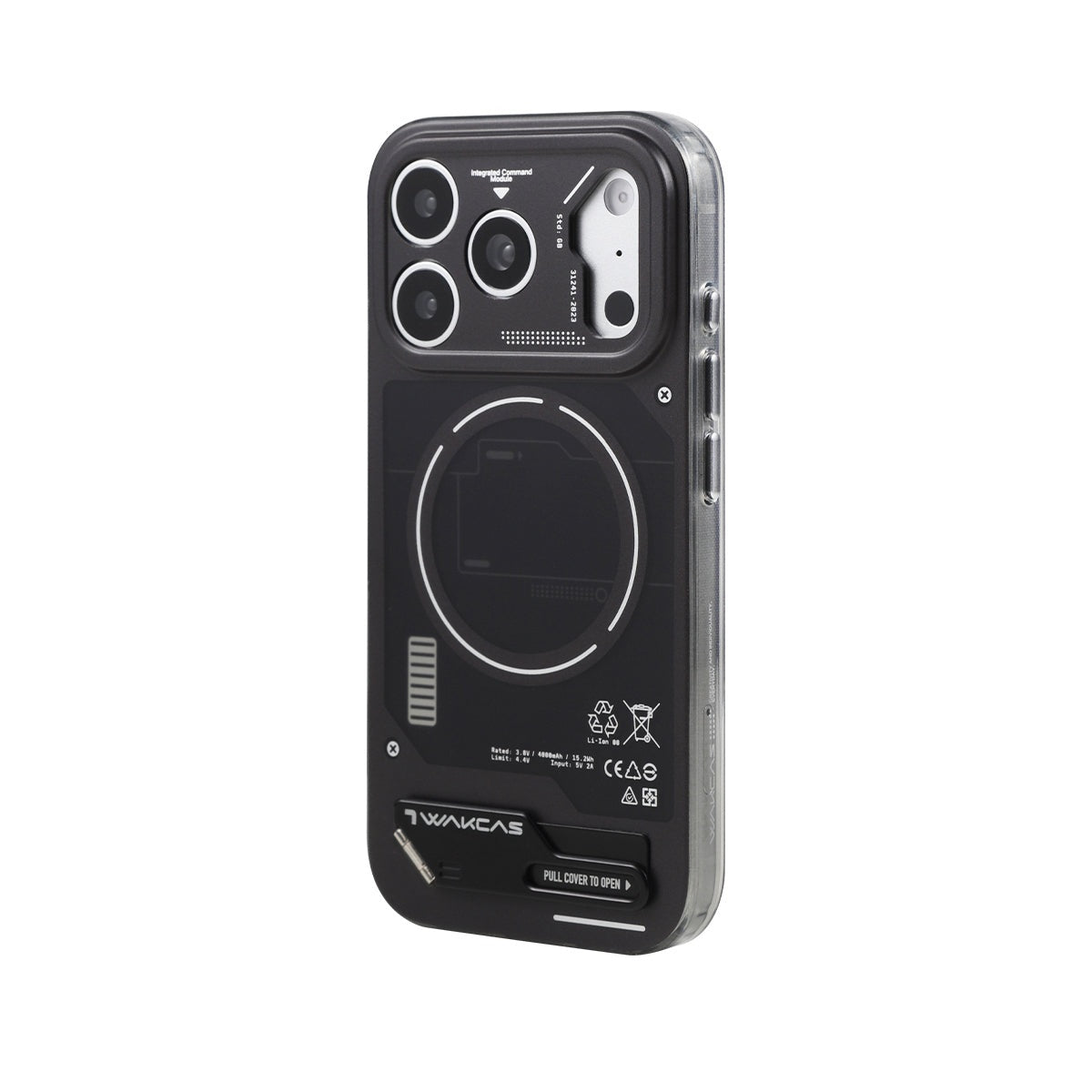 Black battery module MagSafe case with metal kickstand, rear view