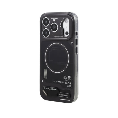 Black battery module MagSafe case with metal kickstand, rear view