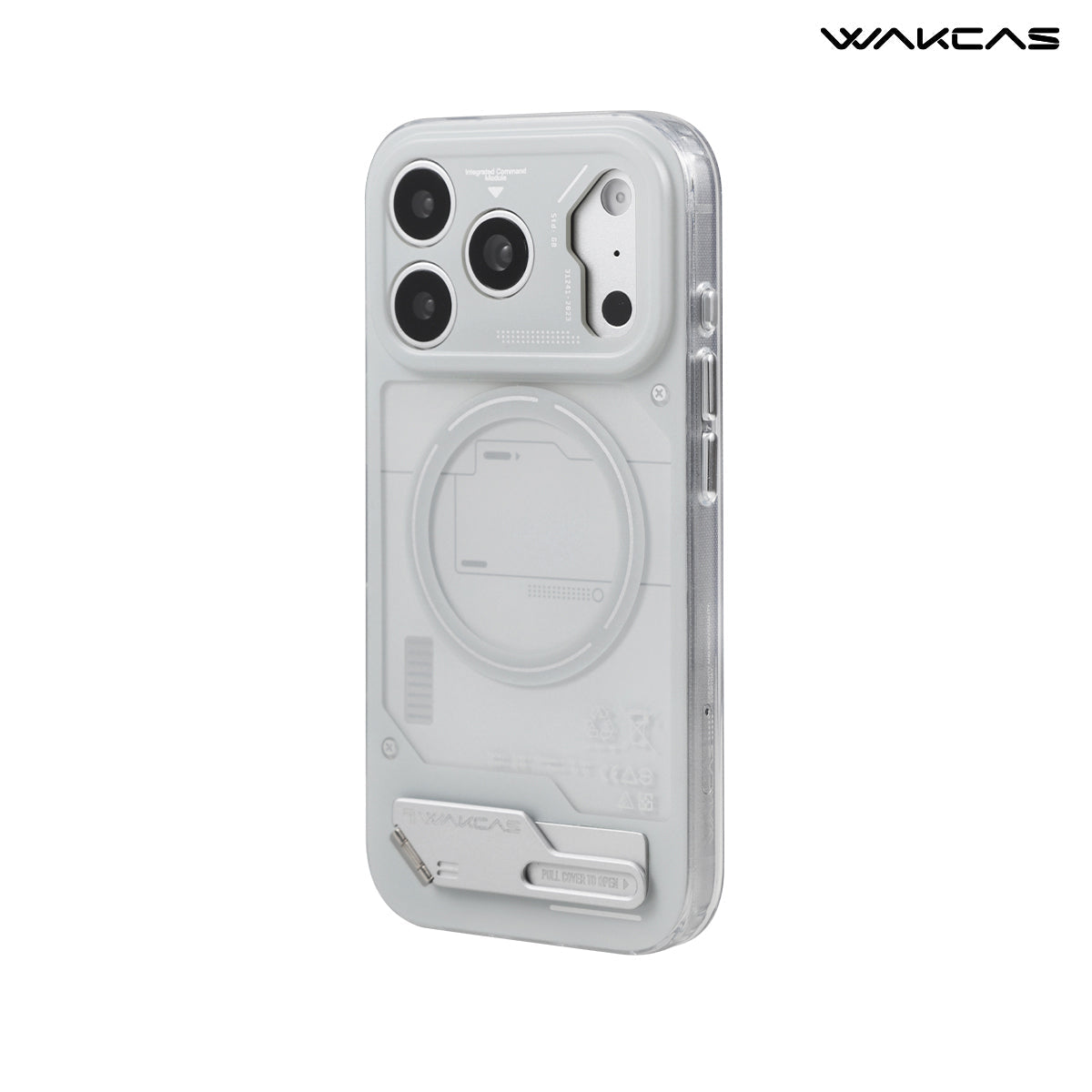 Grey battery module MagSafe iPhone case with metal kickstand, rear view