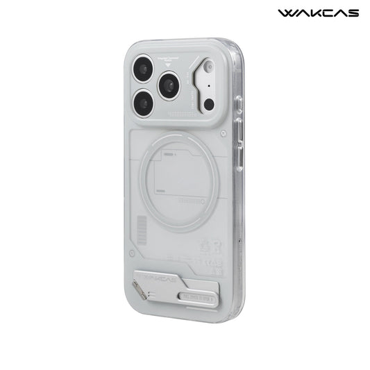 Grey battery module MagSafe iPhone case with metal kickstand, rear view