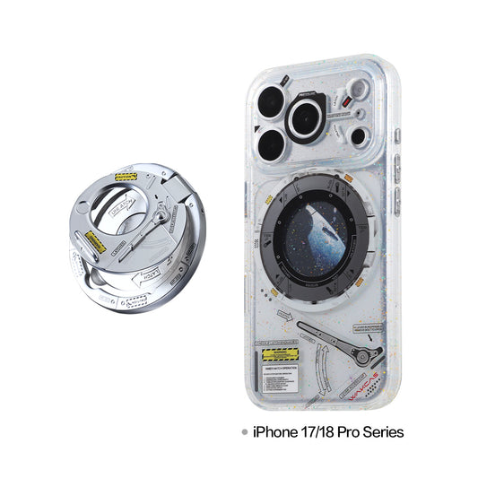 Clear space capsule MagSafe case for iPhone 17 Pro Max with porthole graphic, next to the round silver magnetic stand
