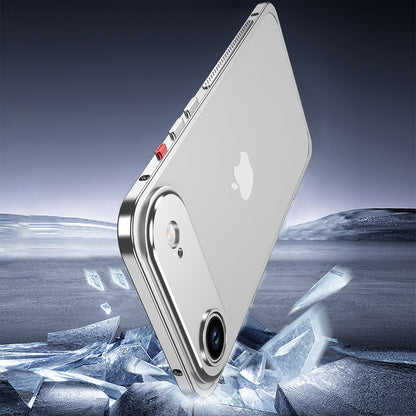 Silver metal bumper on a phone resting on ice