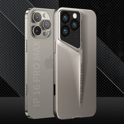 Titanium Gray metallic-look iPhone case on a dark background