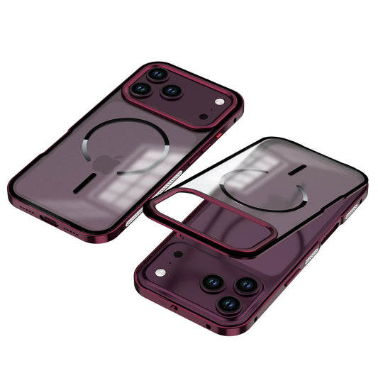 Burgundy aluminum case with frosted back on a single-camera iPhone, front and back views