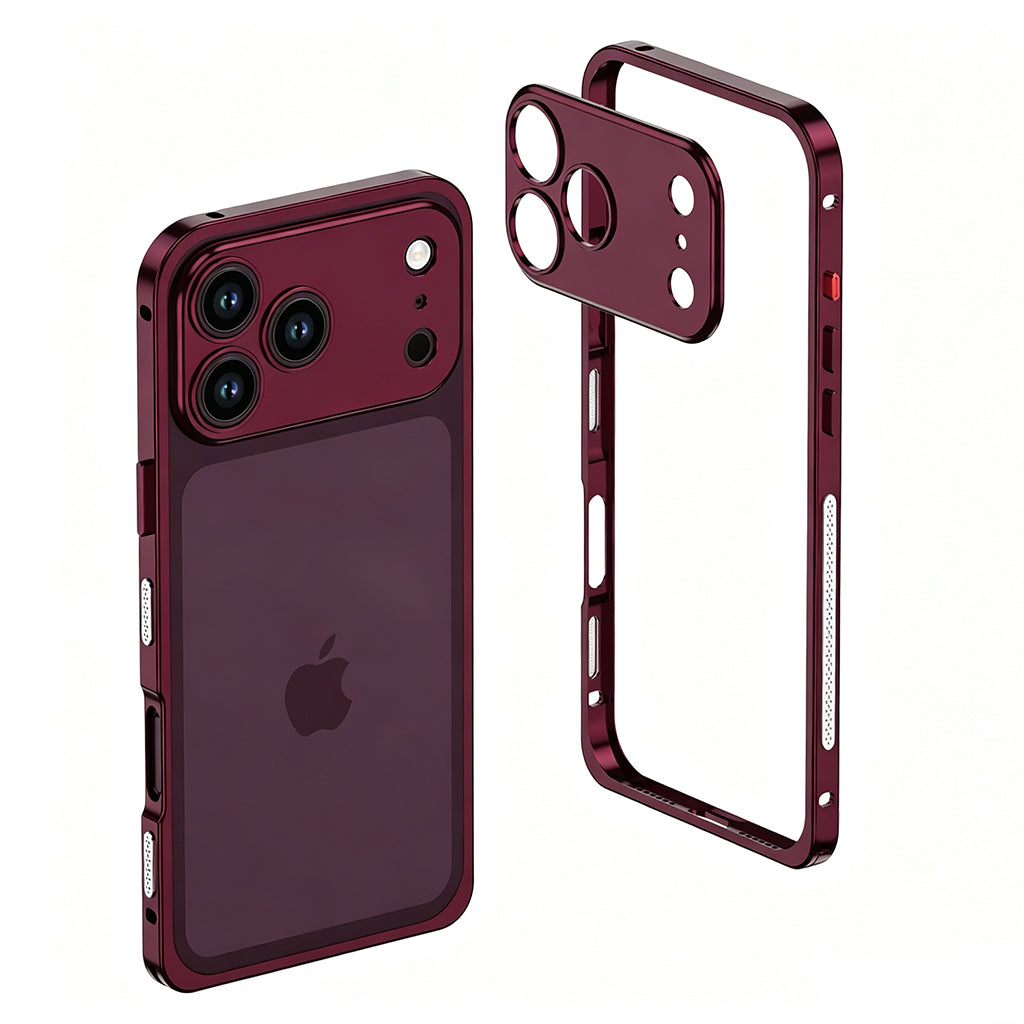 Burgundy metal bumper on a triple-camera iPhone with the empty frame beside it