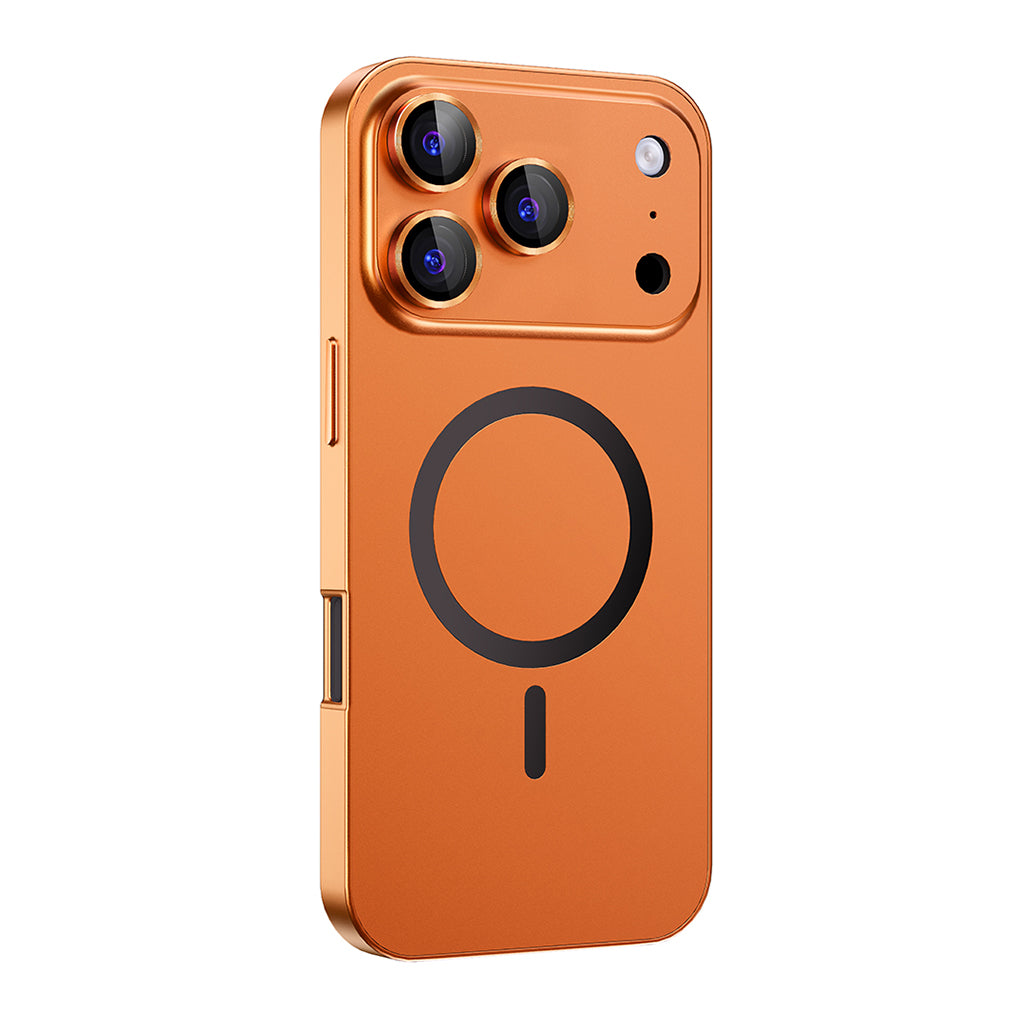 Orange metal MagSafe case with lens rings on a triple-camera iPhone