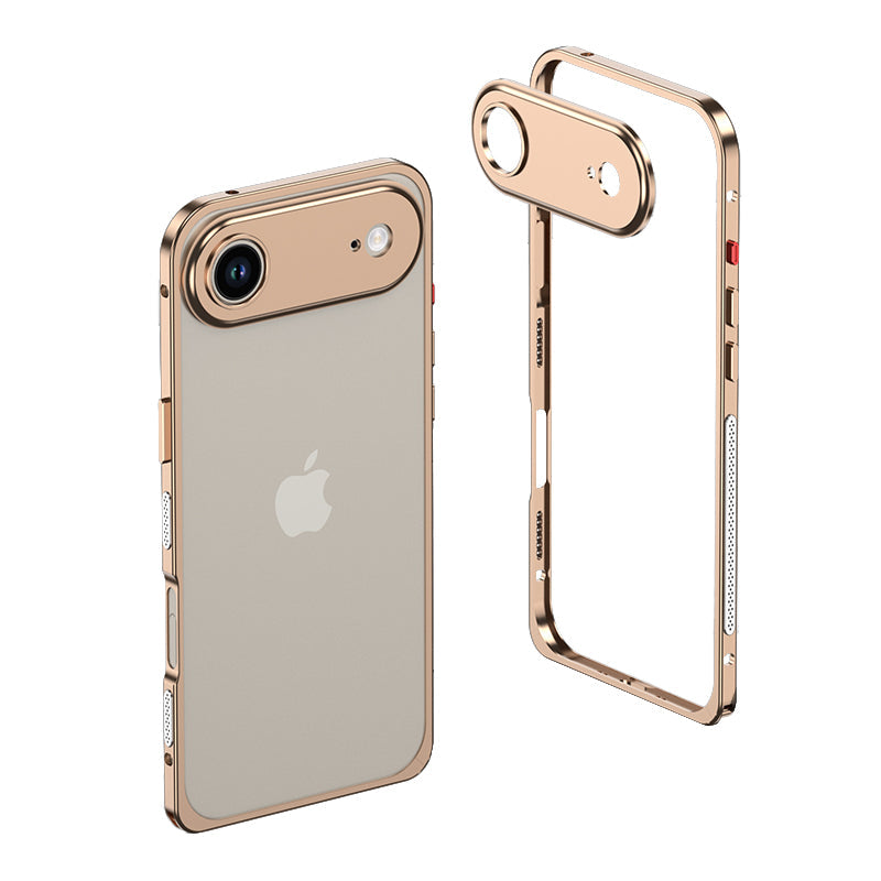 Desert Gold metal bumper on a single-camera iPhone 17 Air with the frame shown beside it