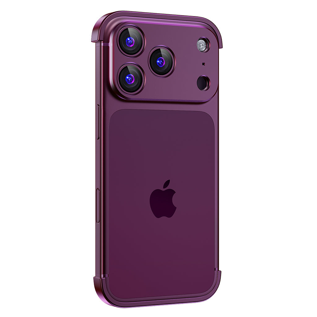 Burgundy aluminum bumper on a triple-camera iPhone with the back left visible