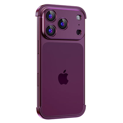 Burgundy aluminum bumper on a triple-camera iPhone with the back left visible