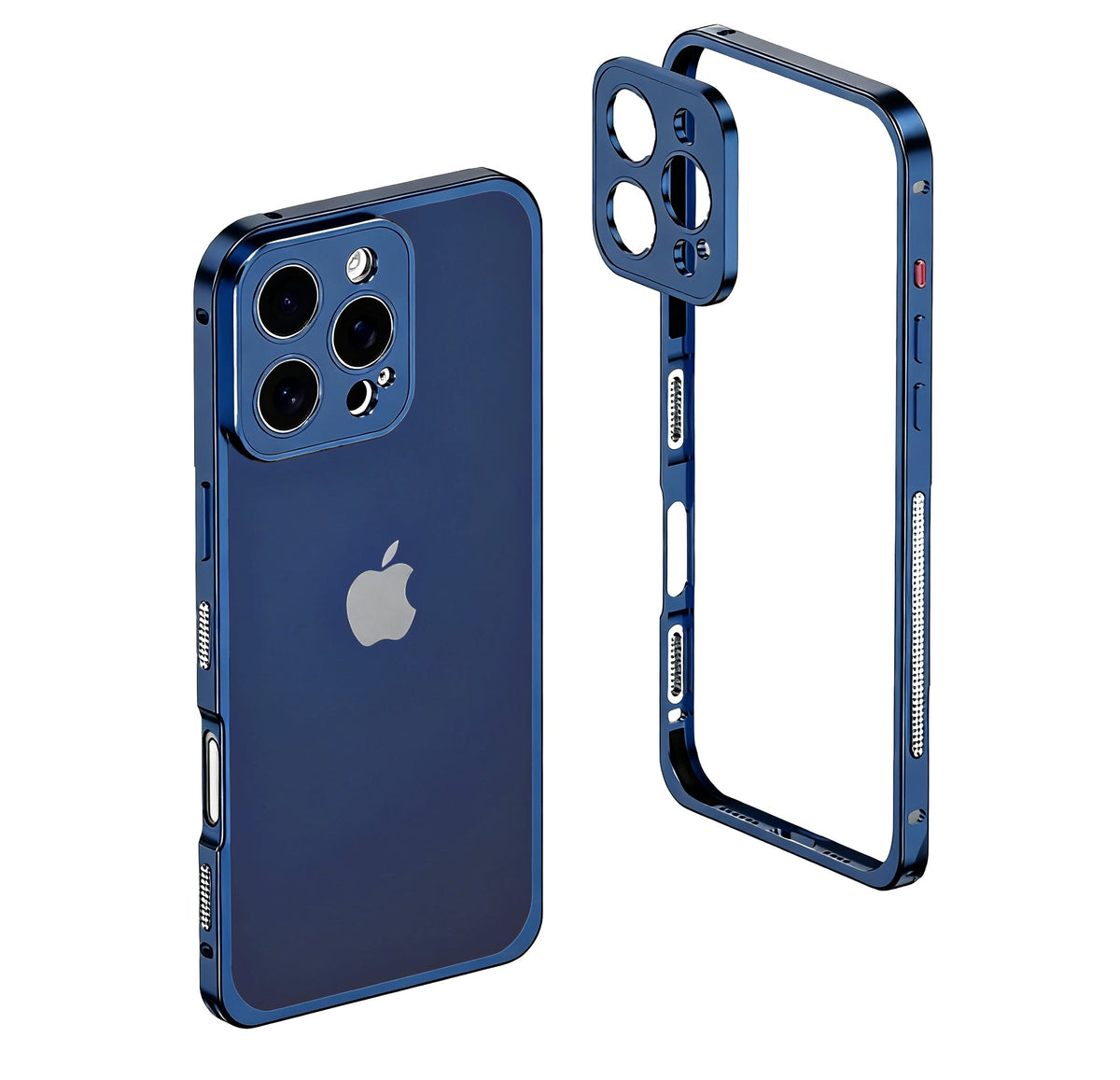 Blue metal bumper on a triple-camera iPhone with the empty frame beside it