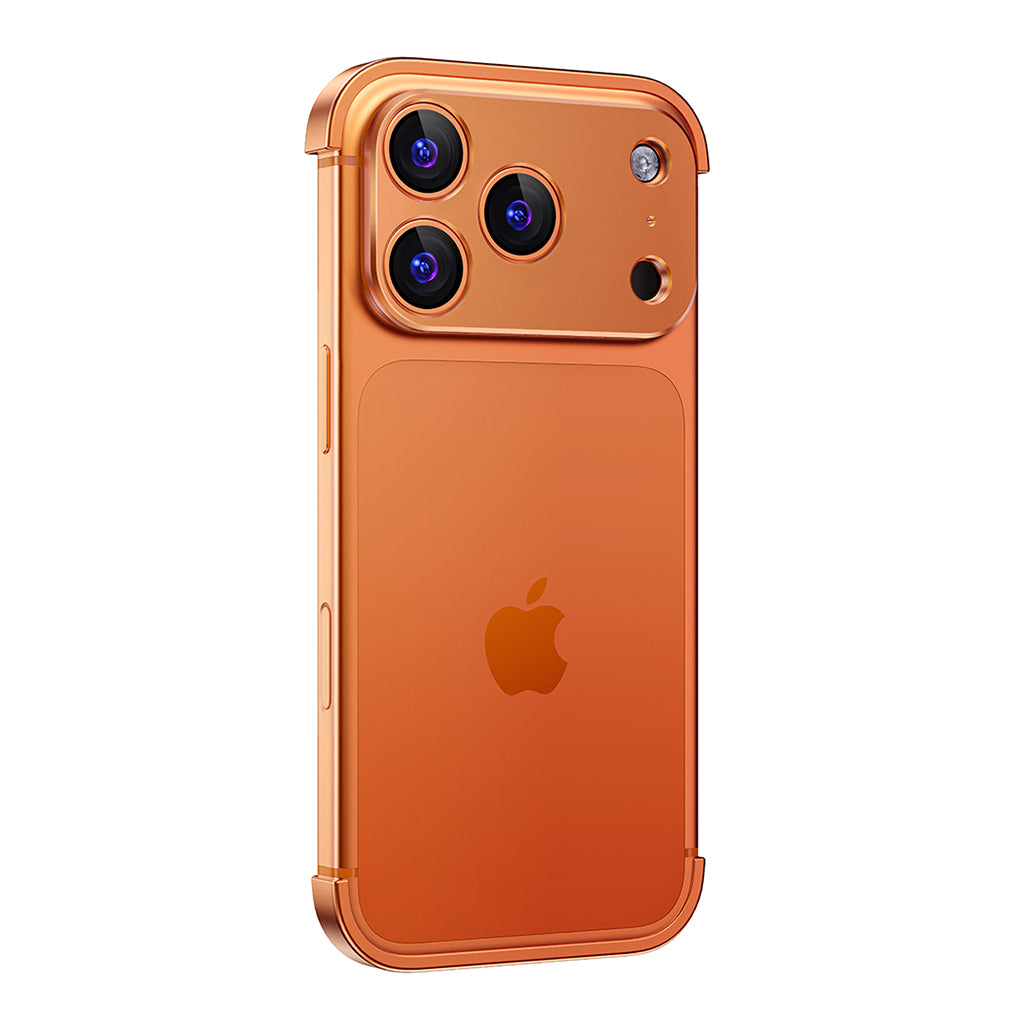 Orange aluminum bumper with camera surround on a triple-camera iPhone