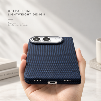 Hand holding navy blue aramid fiber iPhone Duo case
