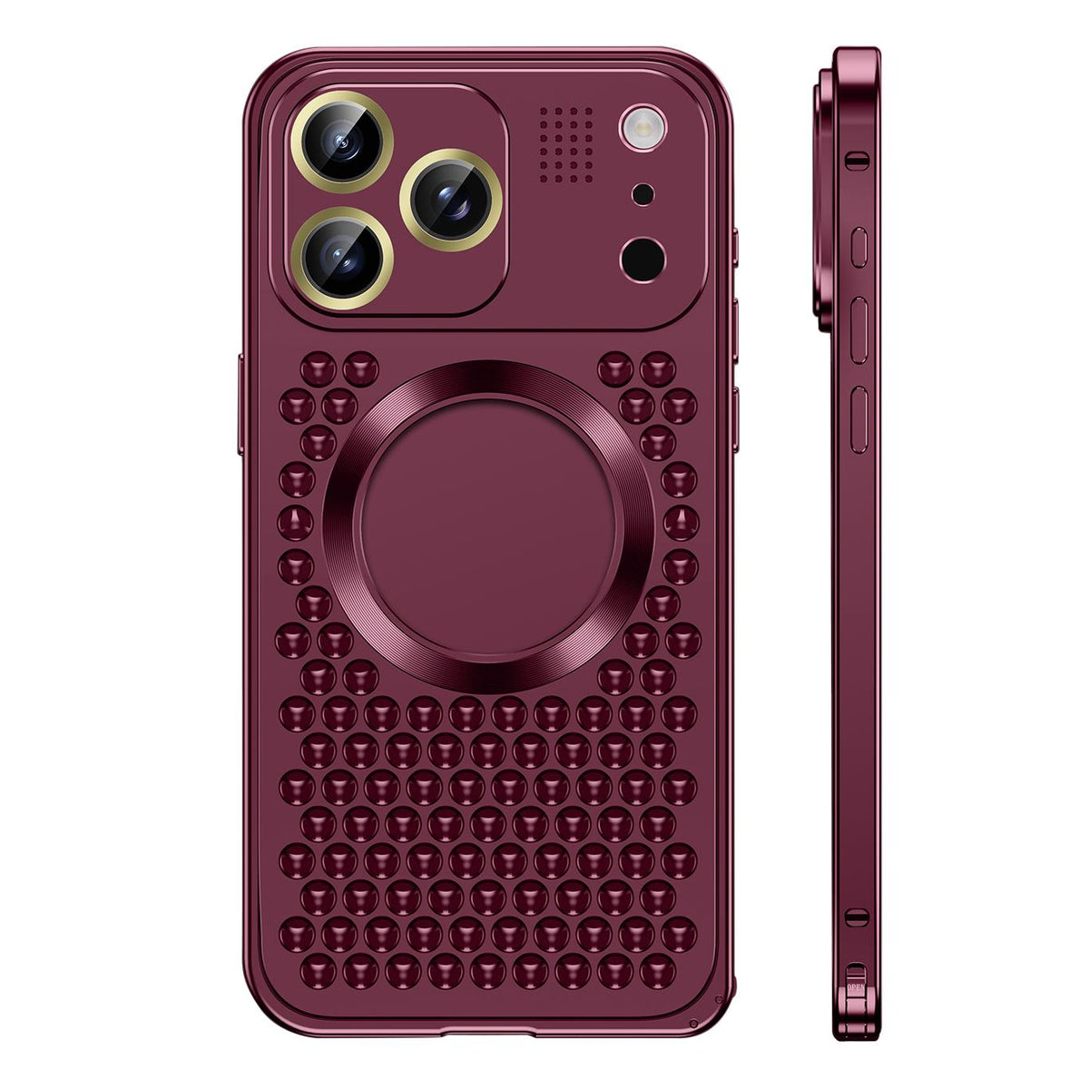 Burgundy vented aluminum iPhone case with gold camera rings, back and side view