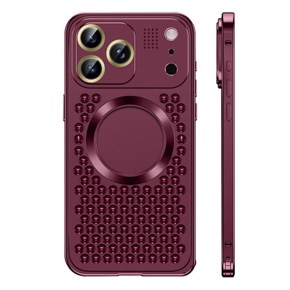 Burgundy vented aluminum iPhone case with gold camera rings, back and side view
