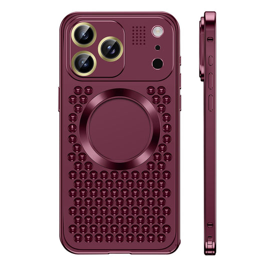 Burgundy vented aluminum iPhone case with gold camera rings, back and side view