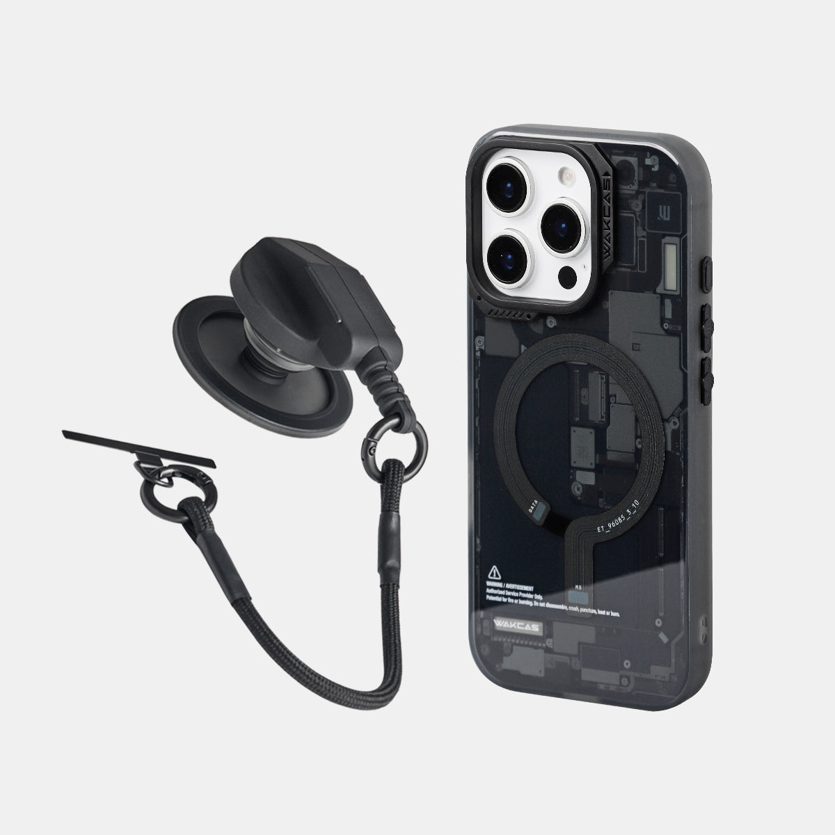 Black circuit board case next to the black grip-style socket stand