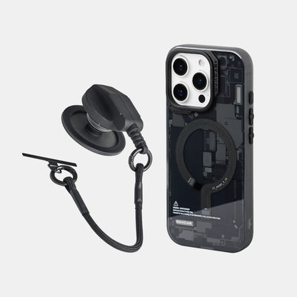 Black circuit board case next to the black grip-style socket stand