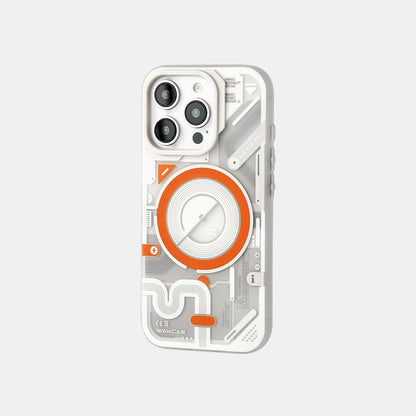 White and orange case, straight-on rear view