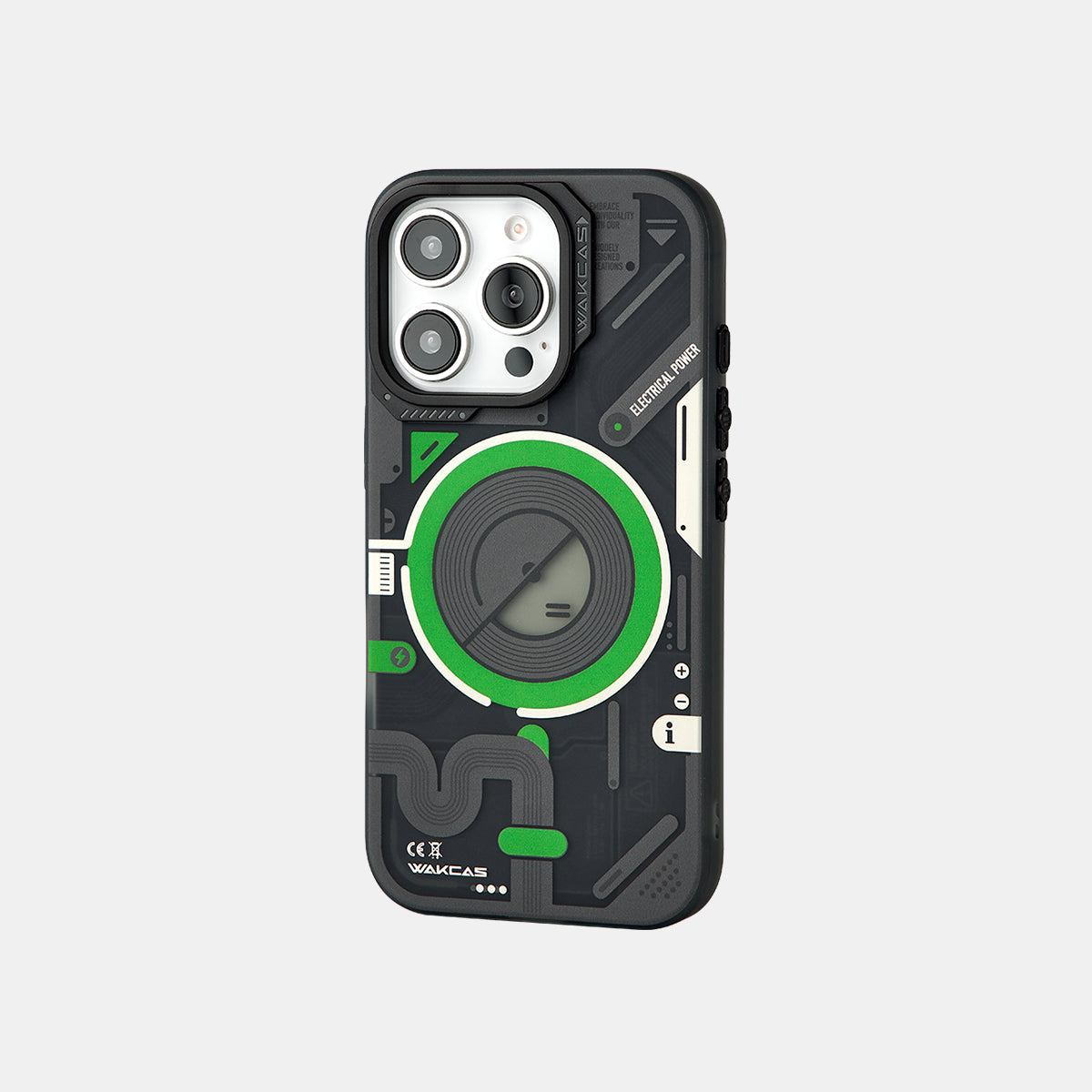 Black and green case, straight-on rear view