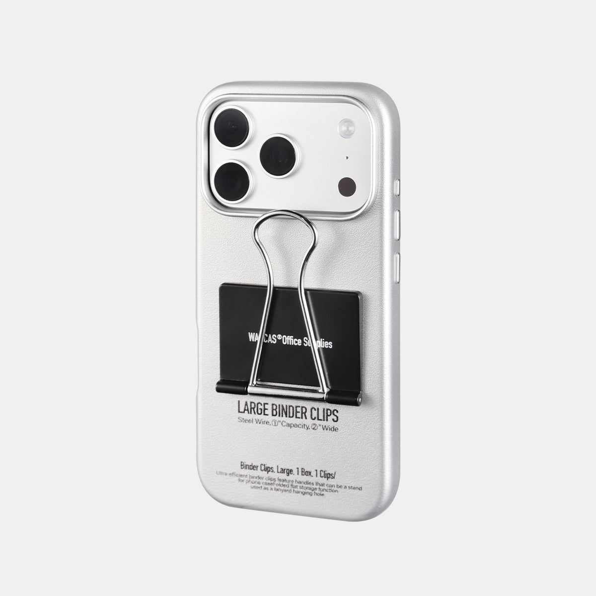 iPhone 17 Pro Max binder clip case in silver-white with black clip, back view