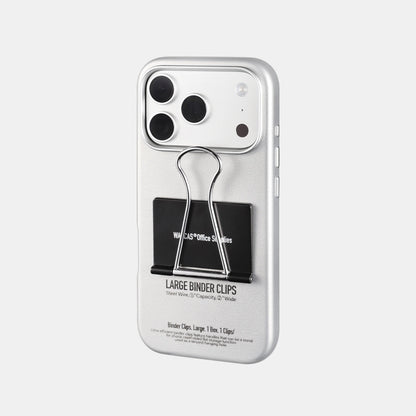 iPhone 17 Pro Max binder clip case in silver-white with black clip, back view