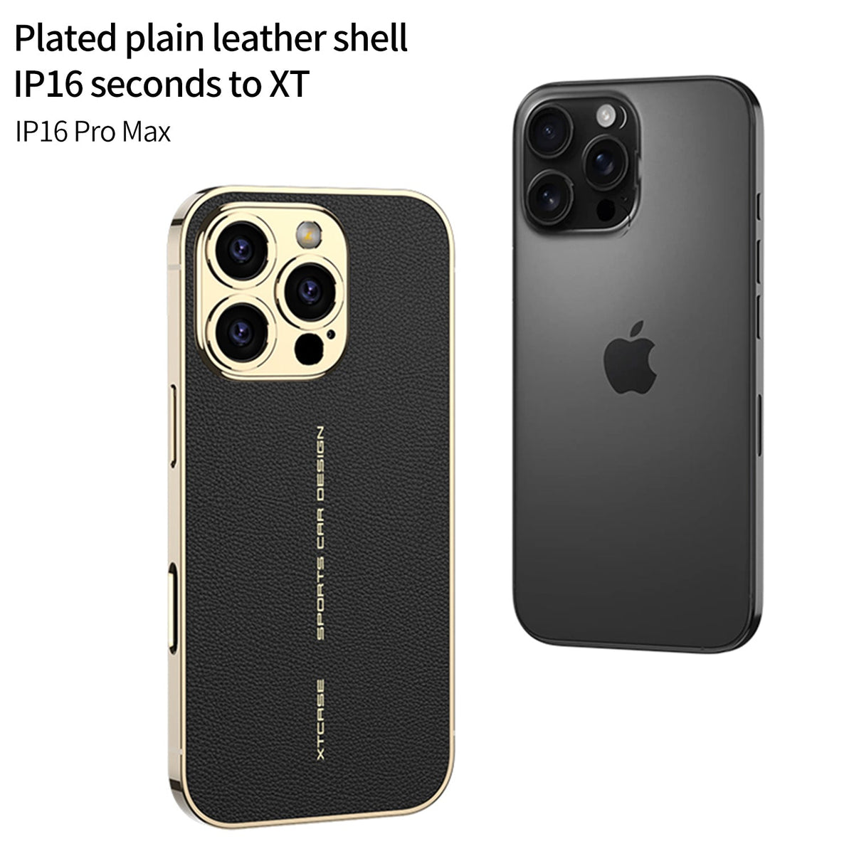 Black leather-look iPhone case with gold-tone camera frame beside a bare iPhone