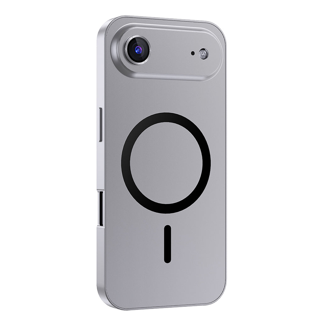 Silver metal MagSafe case on a single-camera iPhone 17 Air