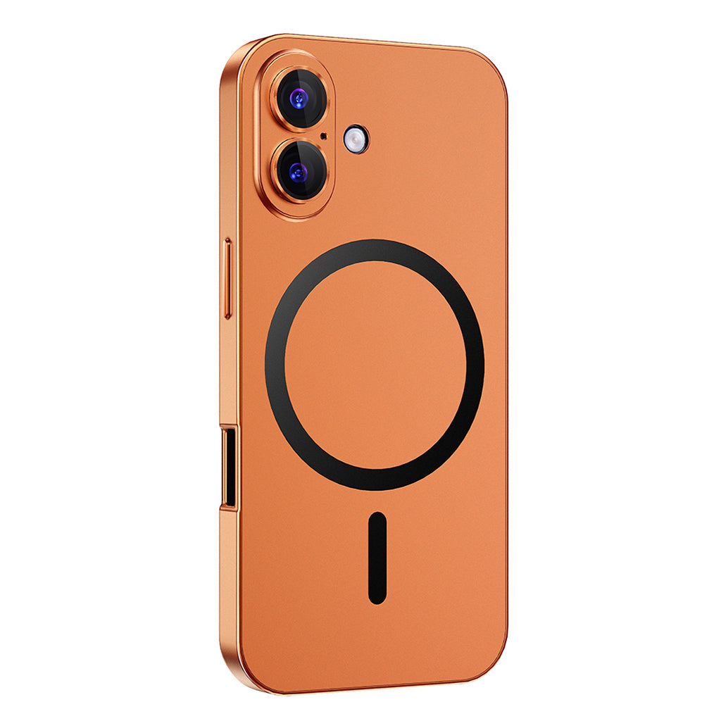 Orange metal MagSafe case on a dual-camera iPhone