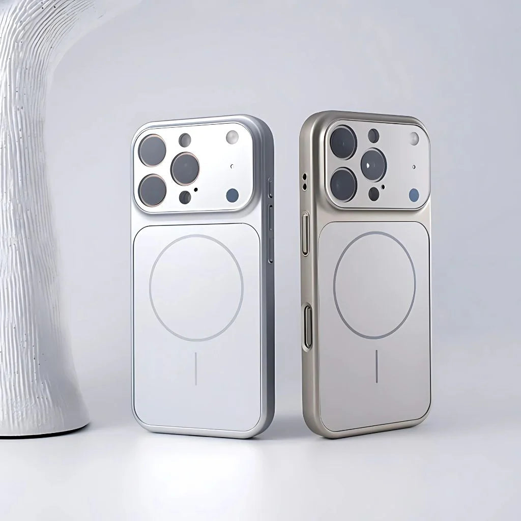 Silver and titanium slim MagSafe iPhone cases side by side
