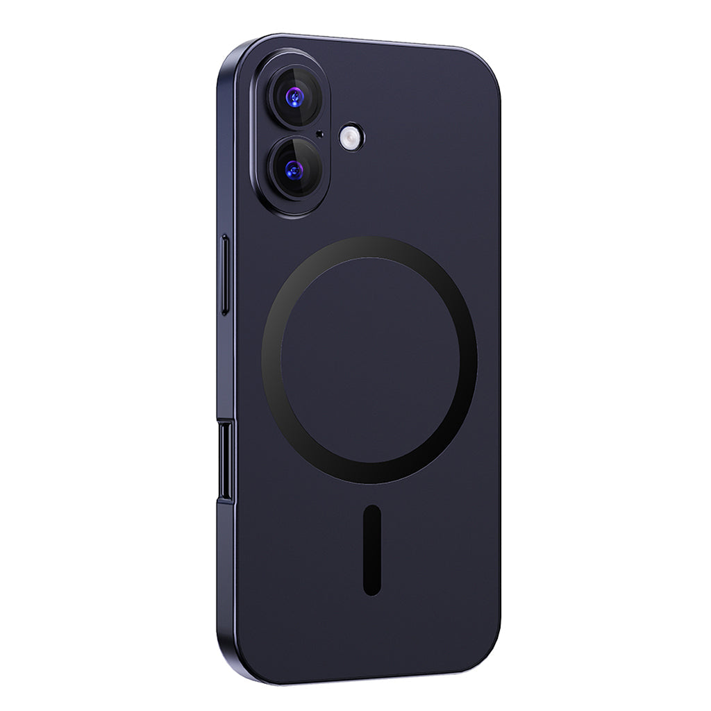 Navy Blue metal MagSafe case on a dual-camera iPhone