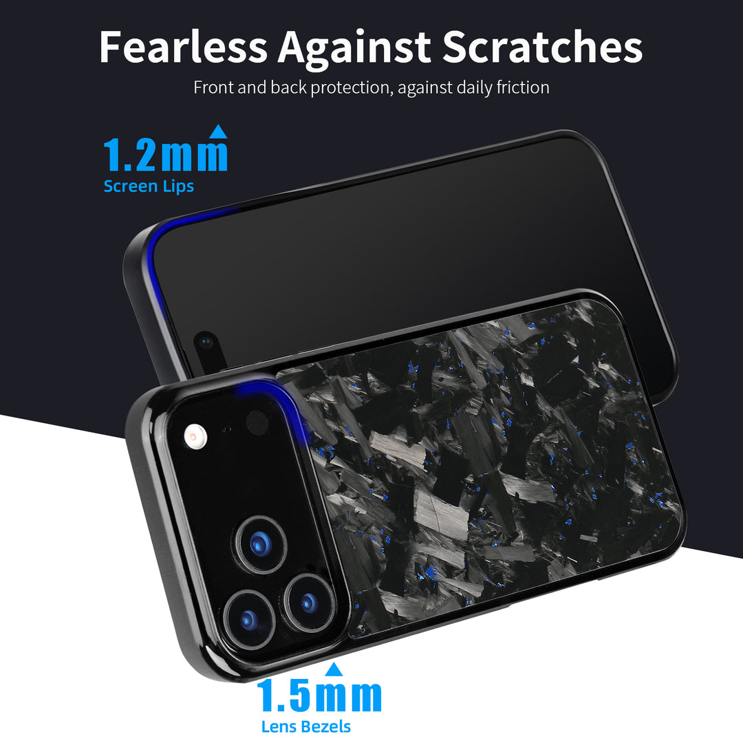 Raised screen lip and lens bezel heights on forged carbon iPhone case