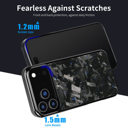 Raised screen lip and lens bezel heights on forged carbon iPhone case