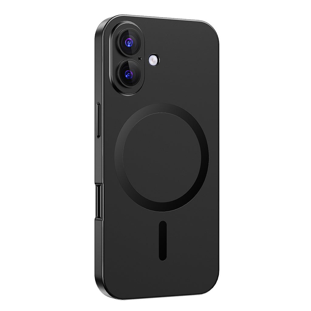 Black metal MagSafe case on a dual-camera iPhone