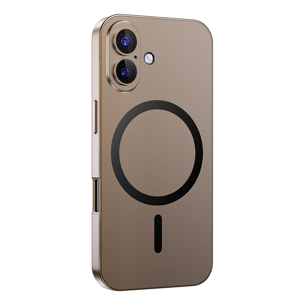 Desert Gold metal MagSafe case on a dual-camera iPhone