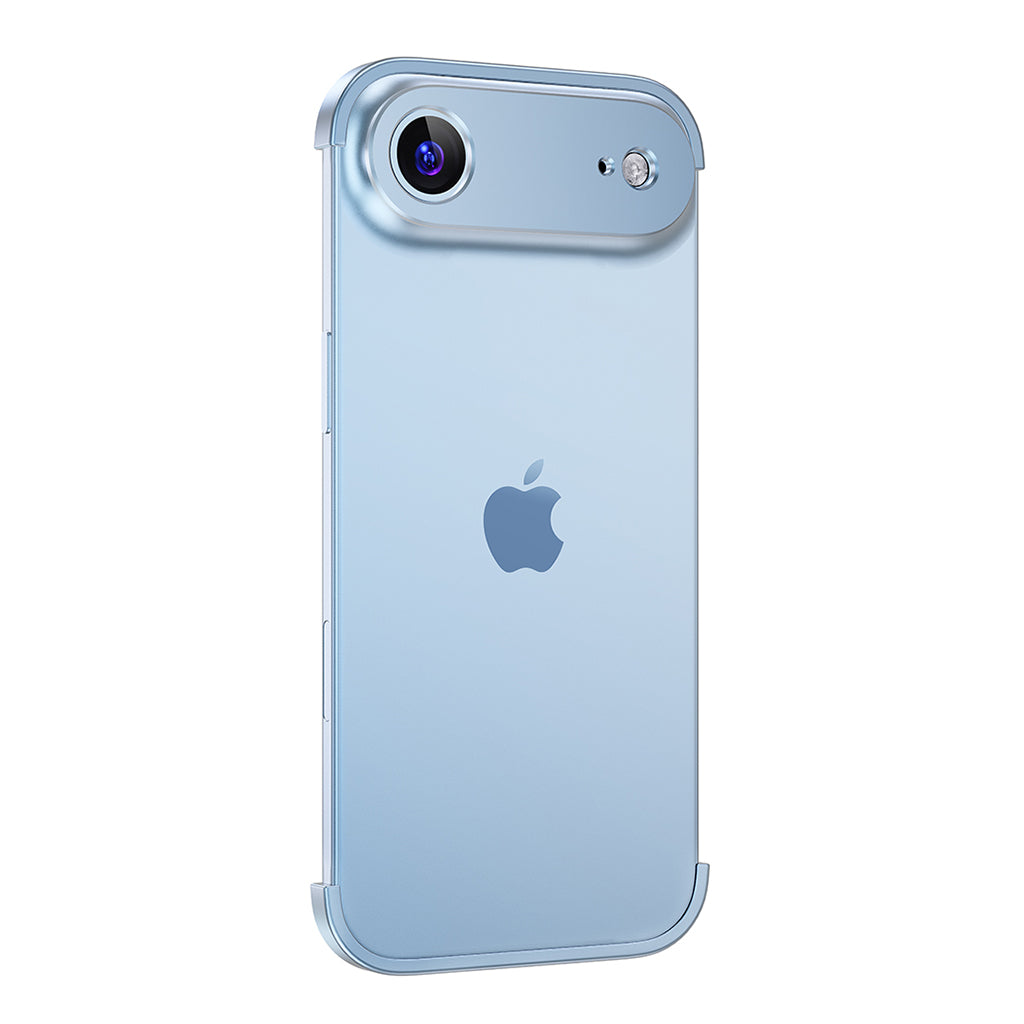 Glacier Blue aluminum bumper on a single-camera iPhone 17 Air