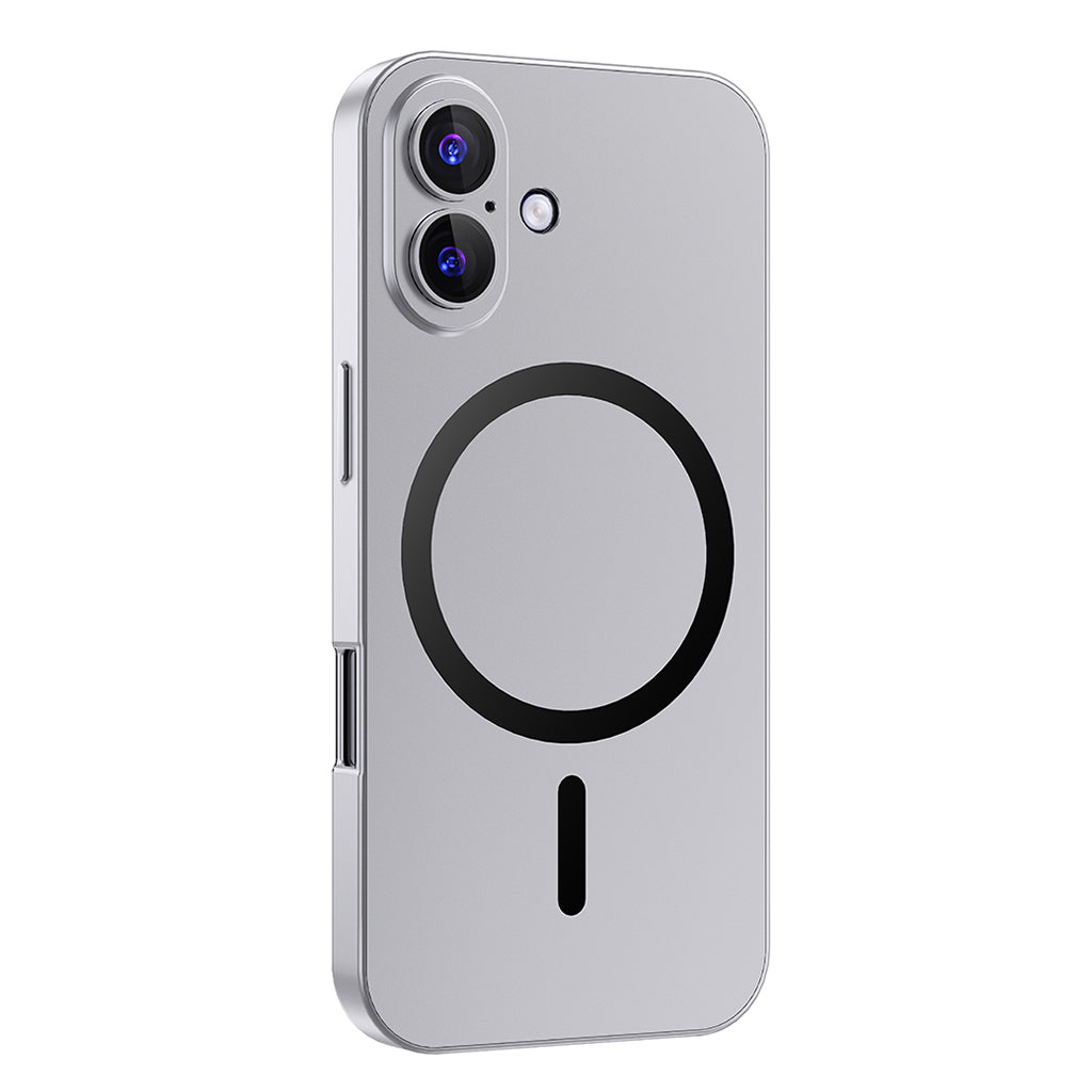 Silver metal MagSafe case on a dual-camera iPhone