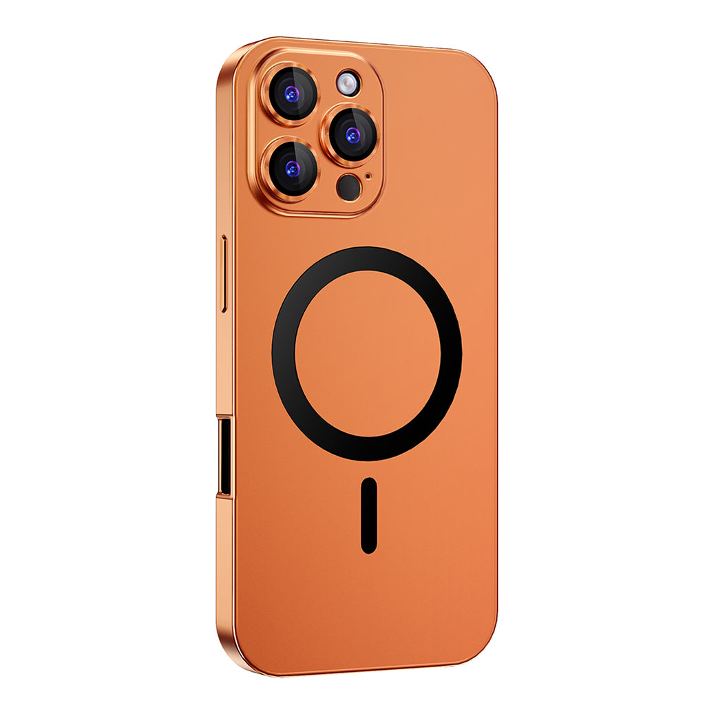 Orange metal MagSafe case on an earlier triple-camera Pro model