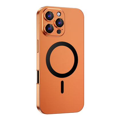 Orange metal MagSafe case on an earlier triple-camera Pro model