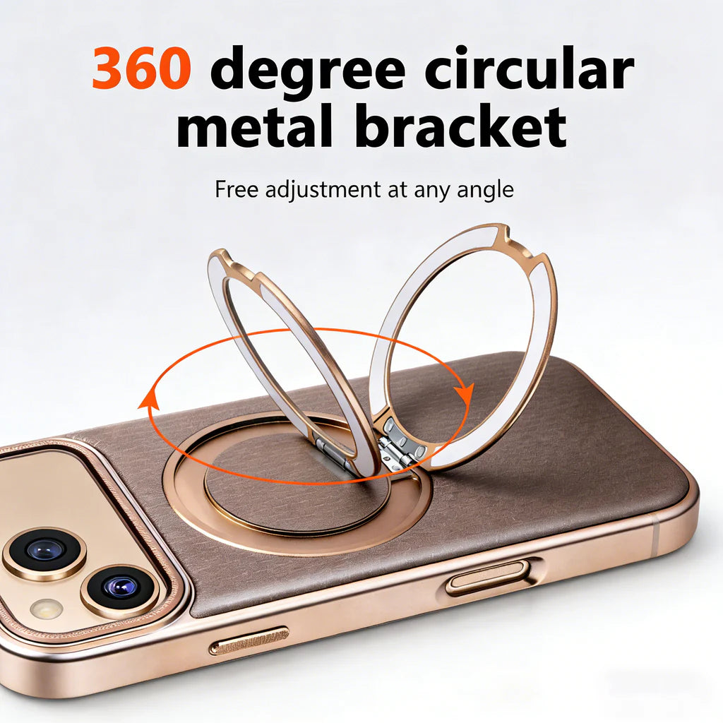 Close-up of the ring stand rotating on the back of a brown case