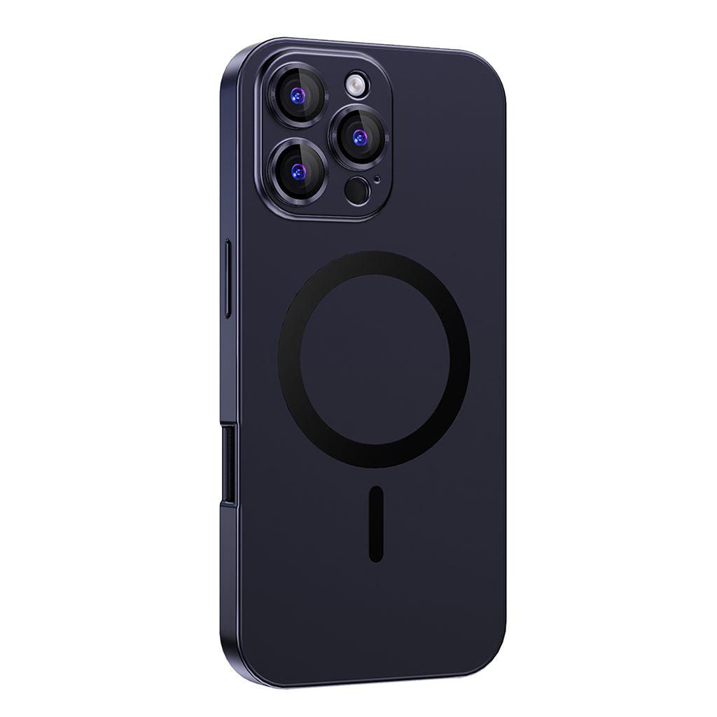 Navy Blue metal MagSafe case on an earlier triple-camera Pro model