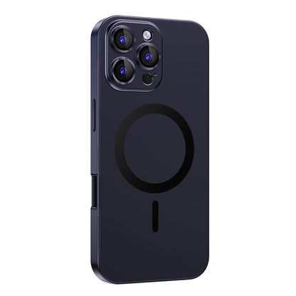 Navy Blue metal MagSafe case on an earlier triple-camera Pro model
