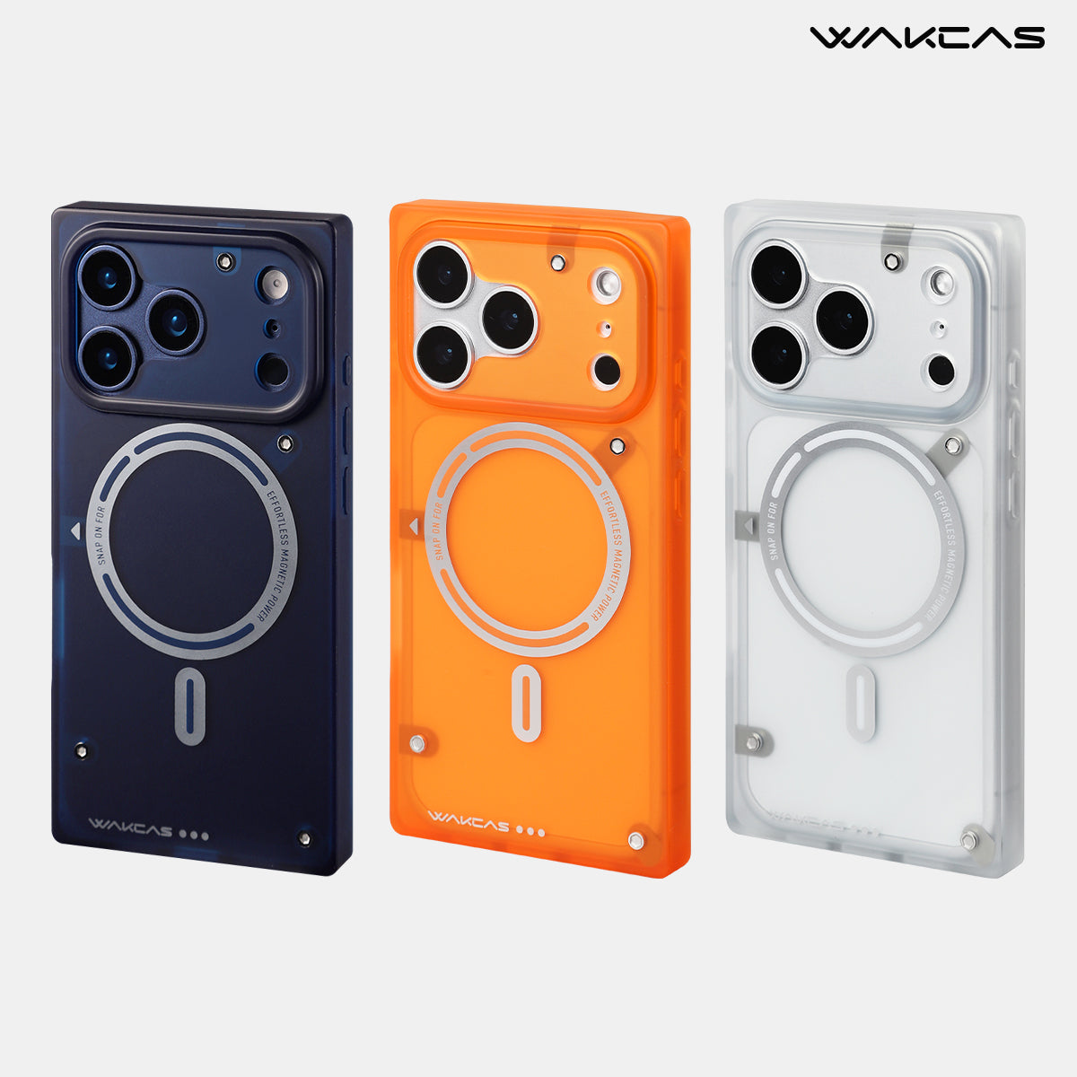 Blue, orange and white square MagSafe iPhone cases side by side