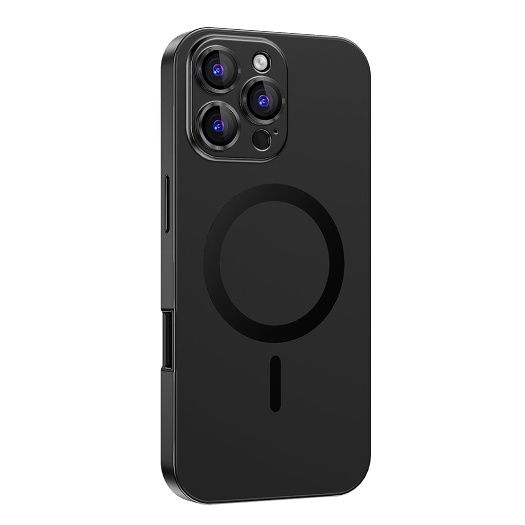 Black metal MagSafe case on an earlier triple-camera Pro model