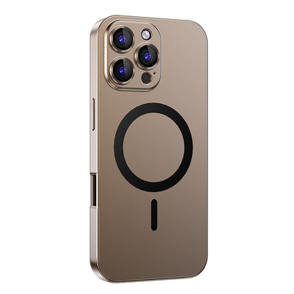 Desert Gold metal MagSafe case on an earlier triple-camera Pro model
