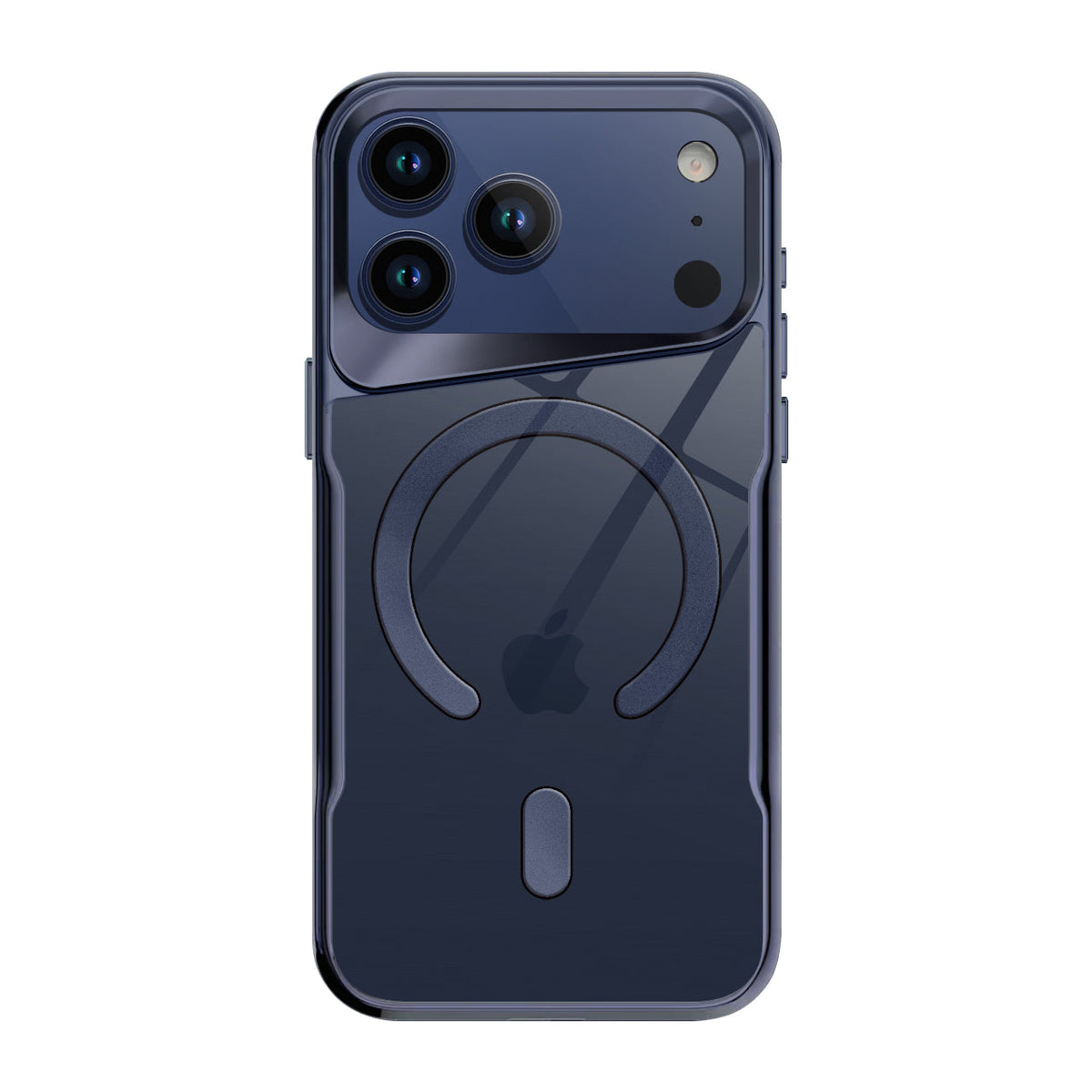 Blue clear MagSafe iPhone case with navy edge frame
